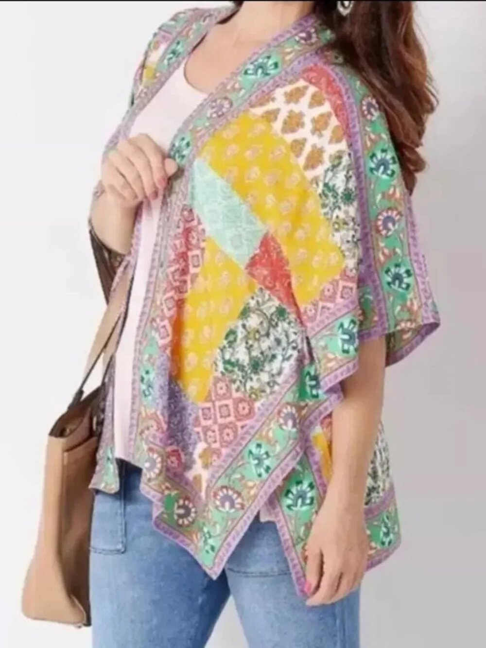 Tolani Raelyn Floral Multicolor Patchwork Kimono Wrap Boho Vacation Yellow 1X
